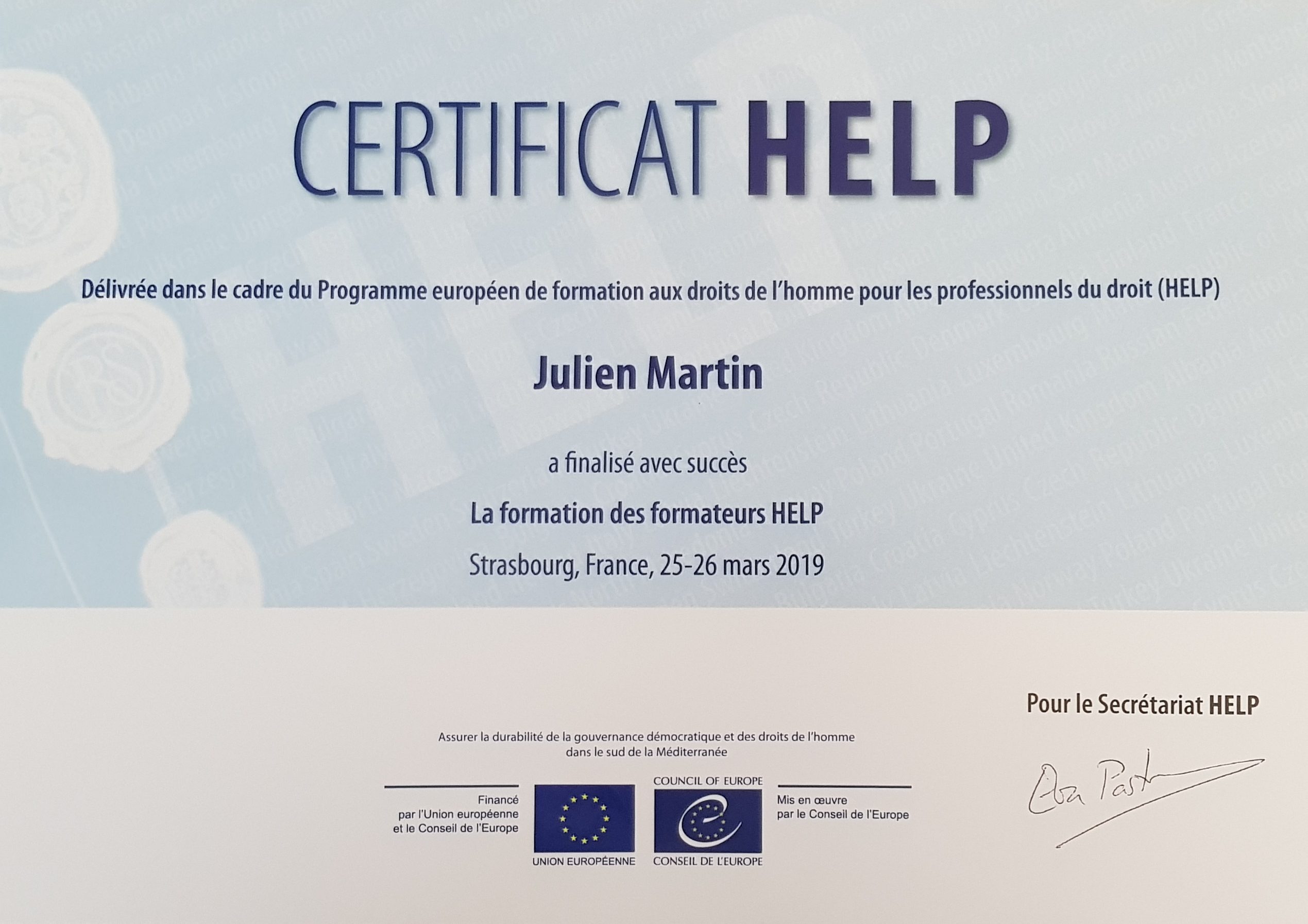 Maître Julien MARTIN est formateur certifié par le Conseil de l’europe